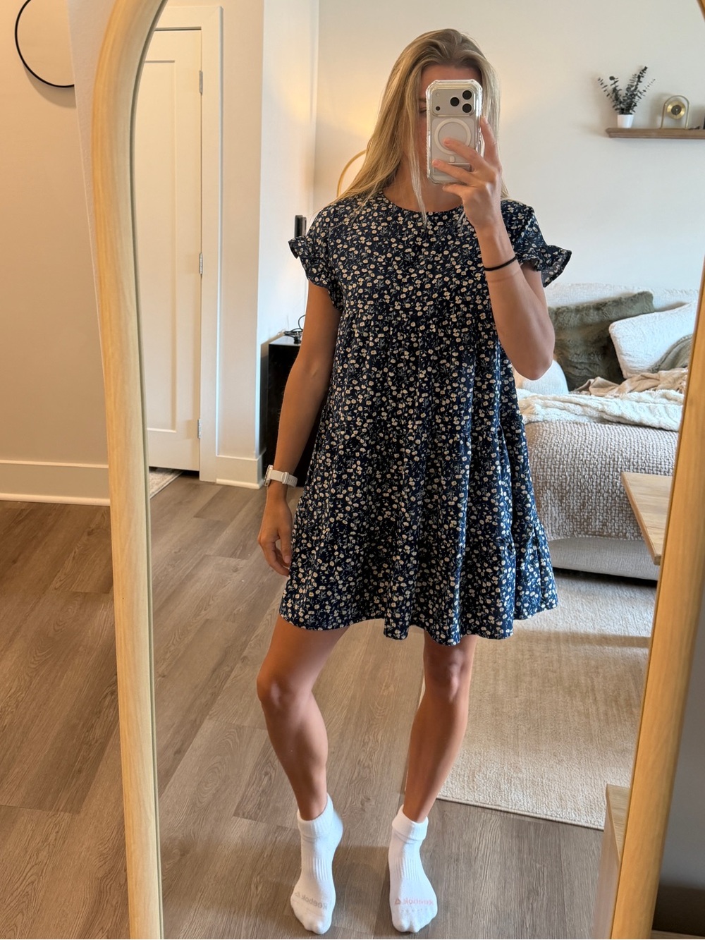 Navy Blue Floral Ruffle Sleeve Swing Dress